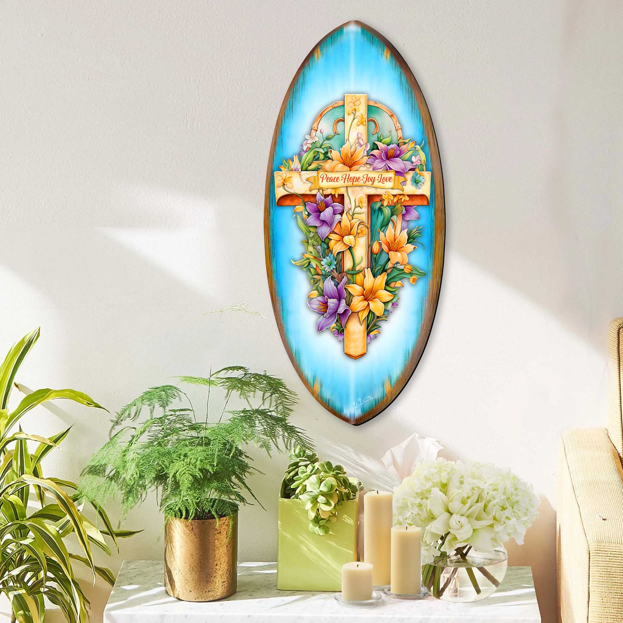 Christian Coastal Wall Decor - Peace Hope Joy Love Cross Surfboard Wall Art – Handcrafted Religious Decor by G.DeBrekht  – 8490156HS