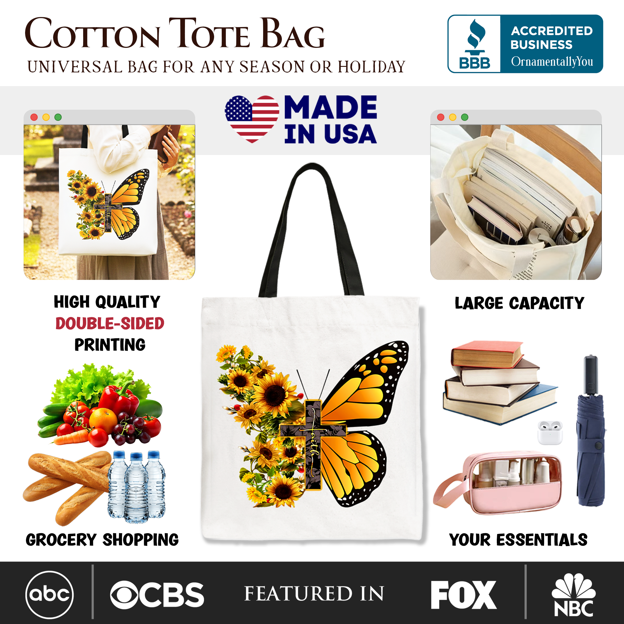 Faith Cross Butterfly Tote Bag, Christian Sunflower Floral Gift Shopper