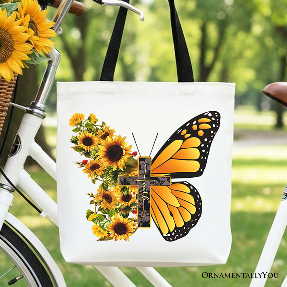 Faith Cross Butterfly Tote Bag, Christian Sunflower Floral Gift Shopper