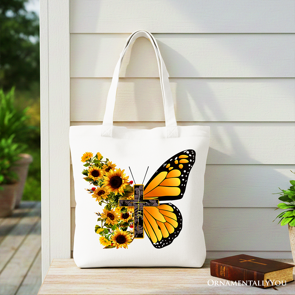 Faith Cross Butterfly Tote Bag, Christian Sunflower Floral Gift Shopper