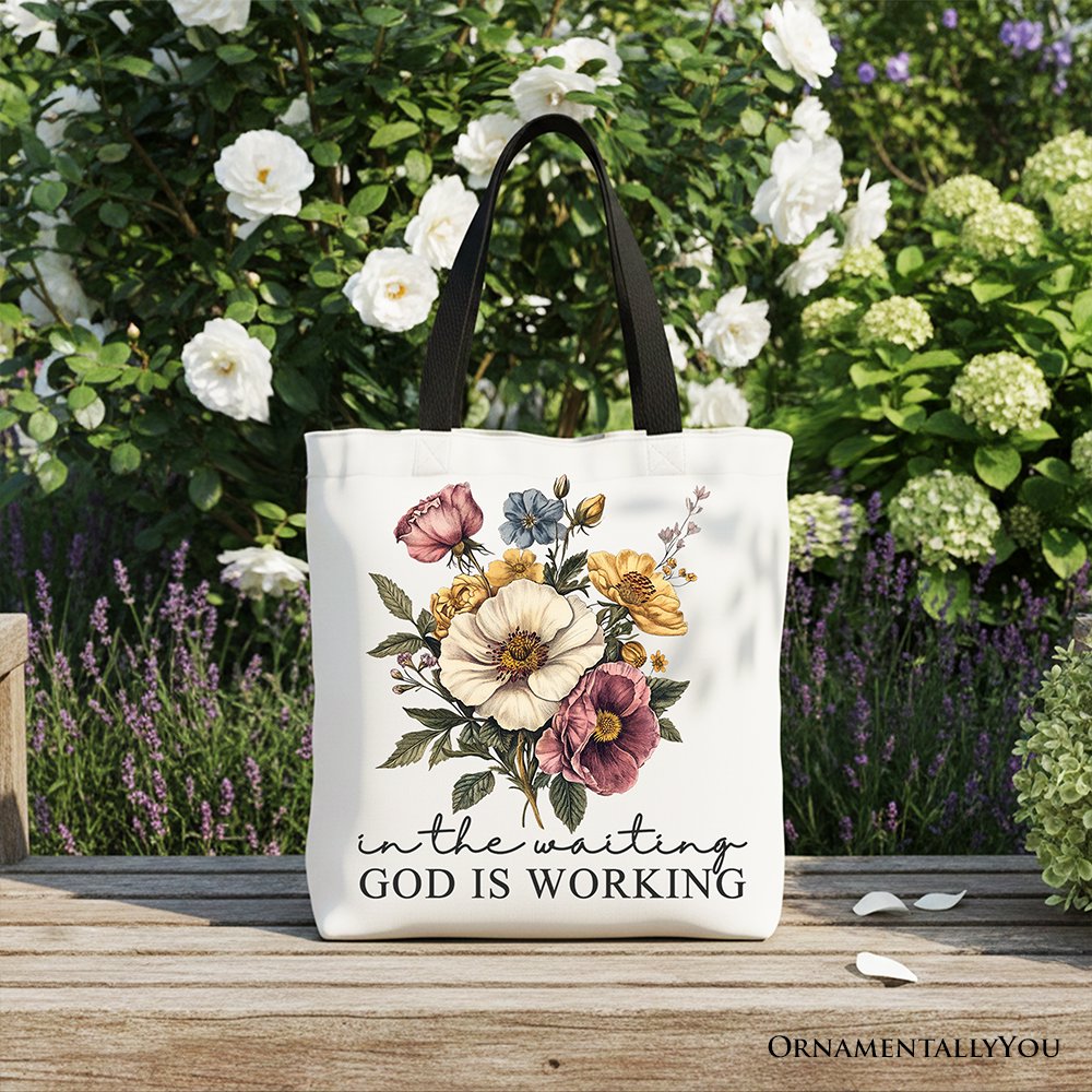 In the Waiting God Is Working Floral Christian Canvas Tote Bag, Vintage Wildflower Faith Gift Shopper