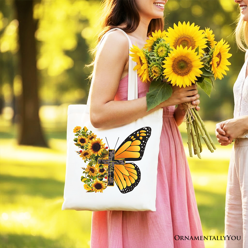 Faith Cross Butterfly Tote Bag, Christian Sunflower Floral Gift Shopper